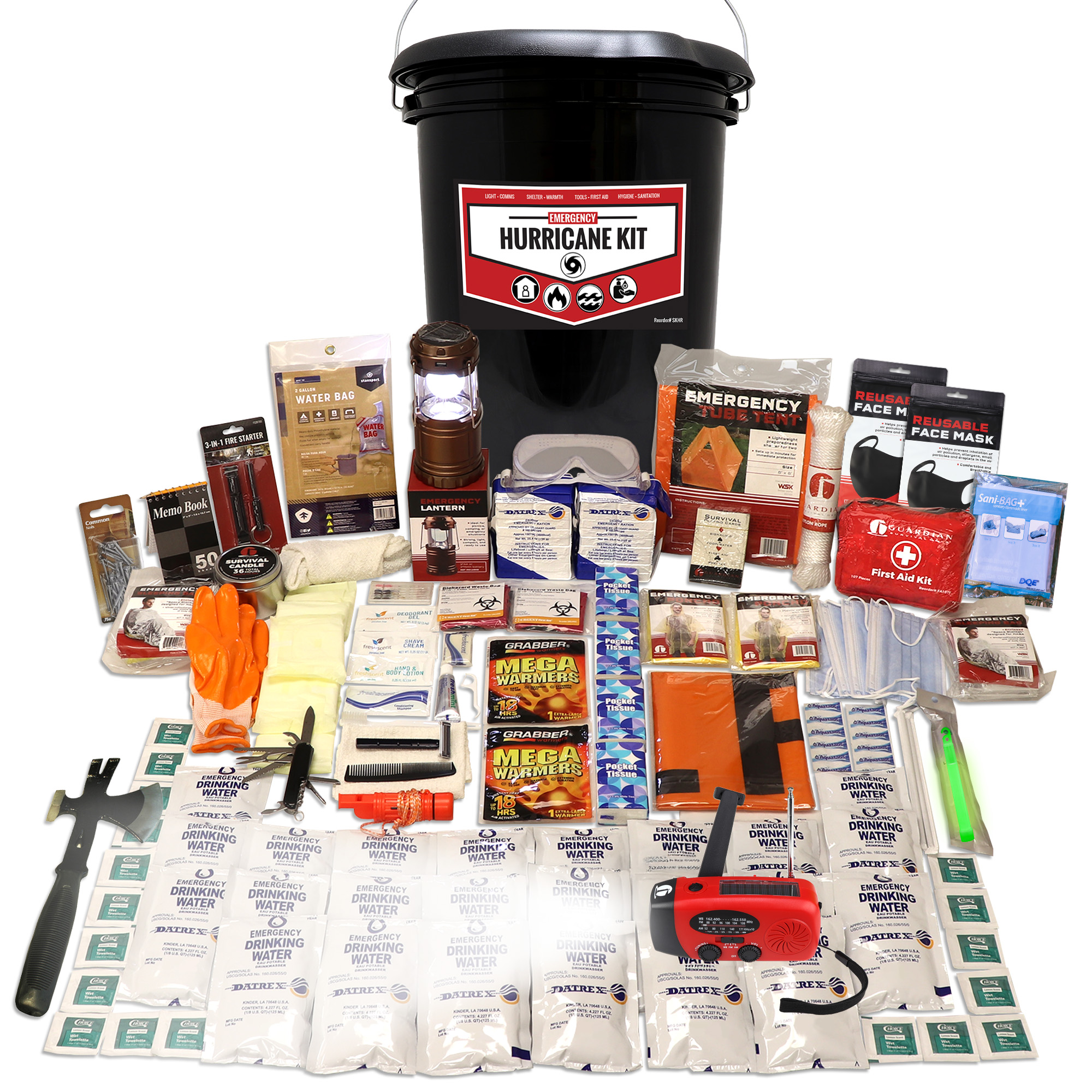 Hurricane emergency kit for 1 to 2 people in a 5-gallon bucket